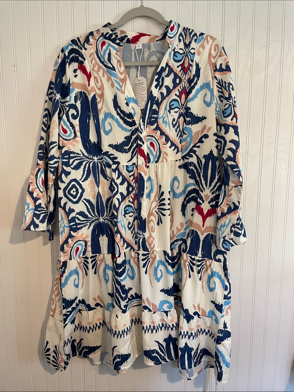 Women’s Large Printed Boho Tiered V-Neck Dress in Navy, Light Blue & Blush